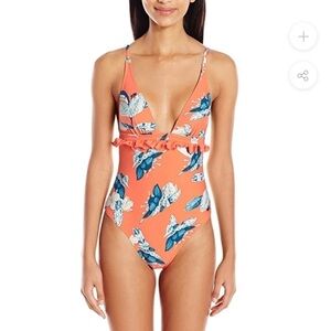 MINKPINK Orange Enchanted Forest Frill Floral One-Piece Swimsuit Size Small